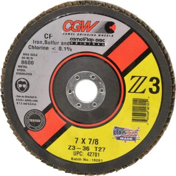 Camel Grinding Wheels - 36 Grit, 7" Disc Diam, 7/8" Center Hole, Type 27 Zirconia Alumina Flap Disc - 8,600 Max RPM, Poly Cotton Backing, Arbor Attaching System, Coated - Caliber Tooling