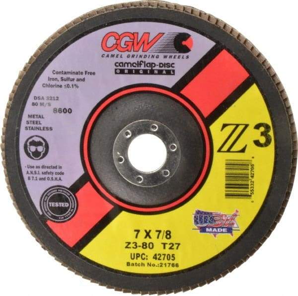 Camel Grinding Wheels - 80 Grit, 7" Disc Diam, 7/8" Center Hole, Type 27 Zirconia Alumina Flap Disc - 8,600 Max RPM, Poly Cotton Backing, Arbor Attaching System, Coated - Caliber Tooling