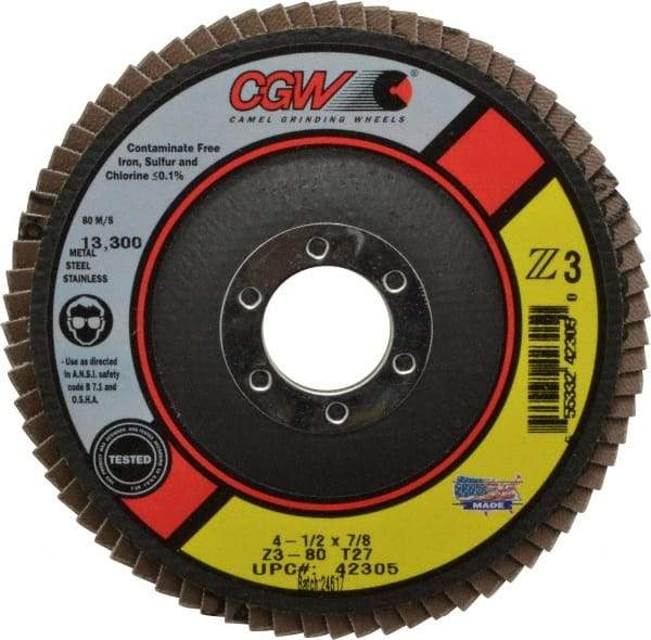 Camel Grinding Wheels - 80 Grit, 4-1/2" Disc Diam, 7/8" Center Hole, Type 27 Zirconia Alumina Flap Disc - 13,300 Max RPM, Poly Cotton Backing, Arbor Attaching System, Coated - Caliber Tooling