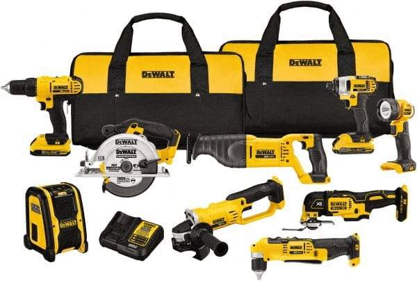 DeWALT - 20 Volt Cordless Tool Combination Kit - Includes 1/2" Compact Drill/Driver, 1/4" Impact Driver, Cut-off Tool/Grinder, Reciprocating Saw, 6-1/2 Circular Saw, LED Worklight & Bluetooth Speaker, Lithium-Ion Battery Included - Caliber Tooling