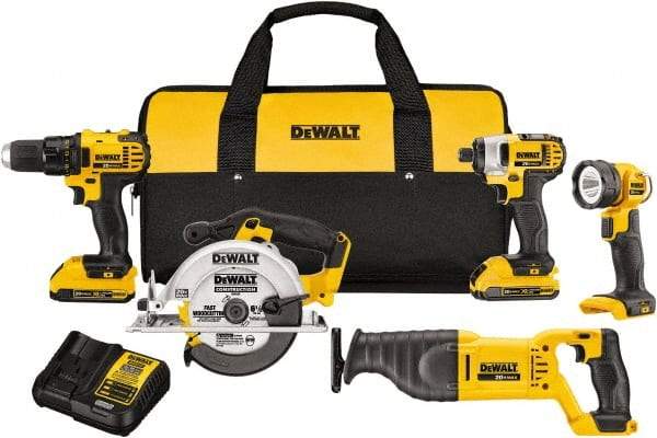 DeWALT - 20 Volt Cordless Tool Combination Kit - Includes 1/2" Compact Drill/Driver, 1/4" Impact Driver, Reciprocating Saw, 6-1/2 Circular Saw & LED Worklight, Lithium-Ion Battery Included - Caliber Tooling