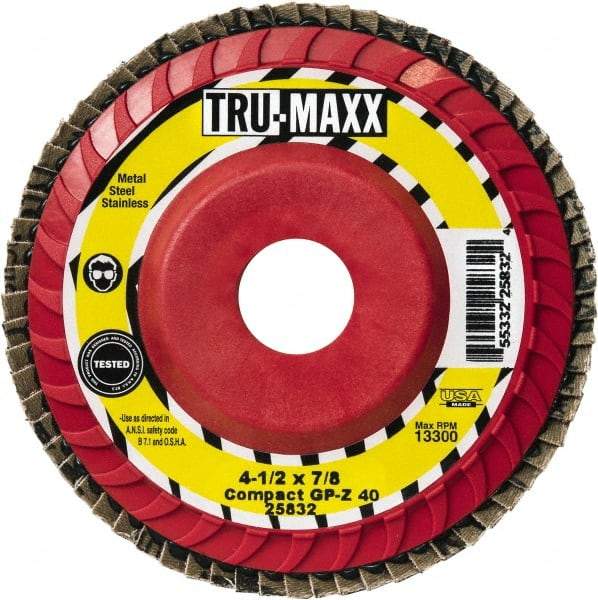 Tru-Maxx - 40 Grit, 4-1/2" Disc Diam, 7/8" Center Hole, Compact Ceramic Flap Disc - 13,300 Max RPM, Polyester Backing, Arbor Attaching System, Coated - Caliber Tooling