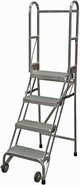 Cotterman - 70" 4 Step Rolling Warehouse Ladder - Portable Folding Safety Ladder, 350 Lb Capacity, 40" Platform Height, 21" Base Width x 36" Base Depth, Perforated Tread - Caliber Tooling