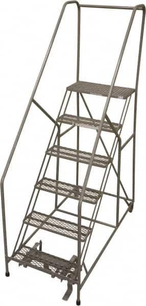 Cotterman - 90" 6 Step Rolling Warehouse Ladder - 50° Incline, 450 Lb Capacity, 60" Platform Height, 33" Base Width x 60" Base Depth, Perforated Tread - Caliber Tooling