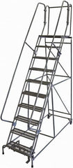 Cotterman - 130" 10 Step Rolling Warehouse Ladder - 50° Incline, 450 Lb Capacity, 100" Platform Height, 34" Base Width x 97" Base Depth, Perforated Tread - Caliber Tooling