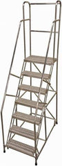 Cotterman - 100" 7 Step Rolling Warehouse Ladder - Rolling Safety Ladder, 350 Lb Capacity, 70" Platform Height, 30" Base Width x 57" Base Depth, Serrated - Caliber Tooling