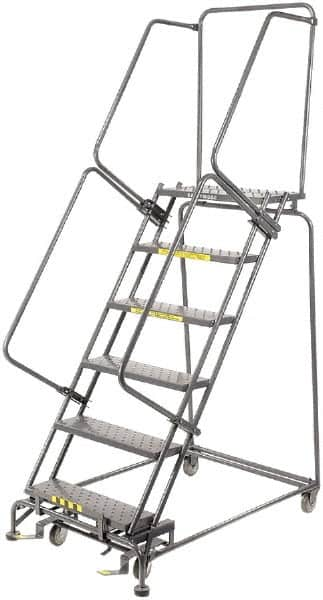 Ballymore - 93" 6 Step Rolling Warehouse Ladder - Lock Step Rolling Safety Ladder, 450 Lb Capacity, 60" Platform Height, 32" Base Width x 49" Base Depth, Perforated Tread - Caliber Tooling