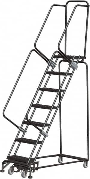 Ballymore - 103" 7 Step Rolling Warehouse Ladder - Lock Step Rolling Safety Ladder, 450 Lb Capacity, 70" Platform Height, 24" Base Width x 55" Base Depth, Perforated Tread - Caliber Tooling