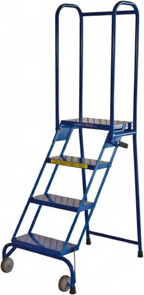 Ballymore - 68" 4 Step Rolling Warehouse Ladder - Lock-N-Stock, 350 Lb Capacity, 38" Platform Height, 24" Base Width x 35" Base Depth, Perforated Tread - Caliber Tooling