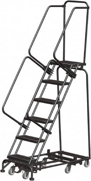 Ballymore - 93" 6 Step Rolling Warehouse Ladder - Lock Step Rolling Safety Ladder, 450 Lb Capacity, 60" Platform Height, 24" Base Width x 49" Base Depth, Perforated Tread - Caliber Tooling