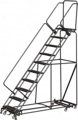 Ballymore - 133" 10 Step Rolling Warehouse Ladder - Lock Step Rolling Safety Ladder, 450 Lb Capacity, 100" Platform Height, 32" Base Width x 90" Base Depth, Perforated Tread - Caliber Tooling