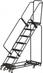 Ballymore - 103" 7 Step Rolling Warehouse Ladder - Lock Step Rolling Safety Ladder, 450 Lb Capacity, 70" Platform Height, 32" Base Width x 66" Base Depth, Perforated Tread - Caliber Tooling