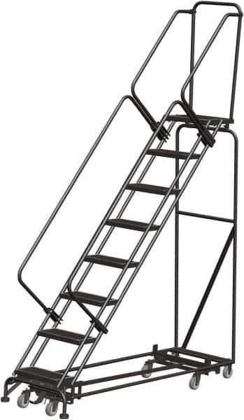 Ballymore - 113" 8 Step Rolling Warehouse Ladder - Lock Step Rolling Safety Ladder, 450 Lb Capacity, 80" Platform Height, 32" Base Width x 74" Base Depth, Perforated Tread - Caliber Tooling