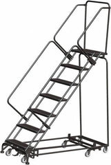 Ballymore - 103" 7 Step Rolling Warehouse Ladder - Lock Step Rolling Safety Ladder, 450 Lb Capacity, 70" Platform Height, 24" Base Width x 66" Base Depth, Perforated Tread - Caliber Tooling