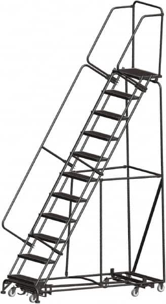 Ballymore - 143" 11 Step Rolling Warehouse Ladder - Lock Step Rolling Safety Ladder, 450 Lb Capacity, 110" Platform Height, 32" Base Width x 80" Base Depth, Perforated Tread - Caliber Tooling