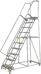 Ballymore - 133" 10 Step Rolling Warehouse Ladder - Lock Step Rolling Safety Ladder, 450 Lb Capacity, 100" Platform Height, 32" Base Width x 74" Base Depth, Perforated Tread - Caliber Tooling