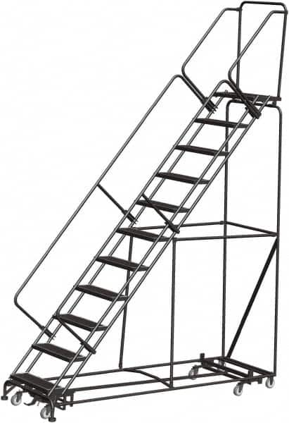 Ballymore - 143" 11 Step Rolling Warehouse Ladder - Lock Step Rolling Safety Ladder, 450 Lb Capacity, 110" Platform Height, 32" Base Width x 98" Base Depth, Perforated Tread - Caliber Tooling