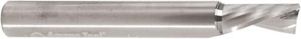 Amana Tool - 3/8" Cutting Diam x 3/4" Length of Cut, 1 Flute, Downcut Spiral Router Bit - Uncoated, Right Hand Cut, Solid Carbide, 3" OAL x 1/4" Shank Diam, 30° Helix Angle - Caliber Tooling