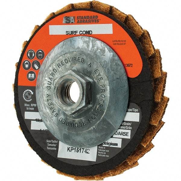 Standard Abrasives - 60 Grit, 4-1/2" Disc Diam, 5/8-11 Center Hole, Type 29 Flap Disc - 10,000 Max RPM, Arbor Attaching System, Coated - Caliber Tooling