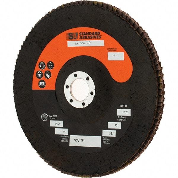 Camel Grinding Wheels - 40 Grit, 7" Disc Diam, 5/8-11 Center Hole, Type 29 Zirconia Alumina Flap Disc - 13,300 Max RPM, Arbor Attaching System, Coated - Caliber Tooling