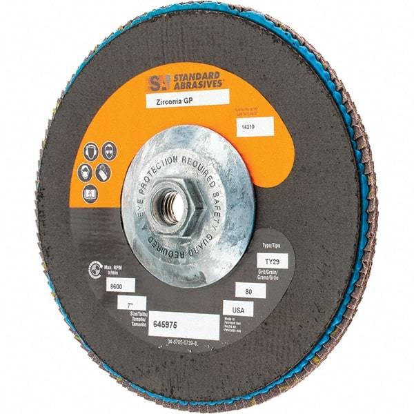 Camel Grinding Wheels - 80 Grit, 7" Disc Diam, 5/8-11 Center Hole, Type 29 Zirconia Alumina Flap Disc - 13,300 Max RPM, Arbor Attaching System, Coated - Caliber Tooling