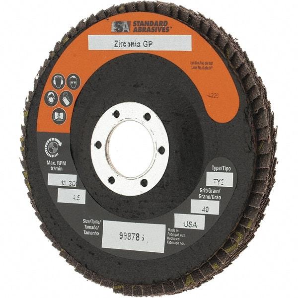 Camel Grinding Wheels - 40 Grit, 4-1/2" Disc Diam, 7/8" Center Hole, Type 29 Zirconia Alumina Flap Disc - Arbor Attaching System, Coated - Caliber Tooling