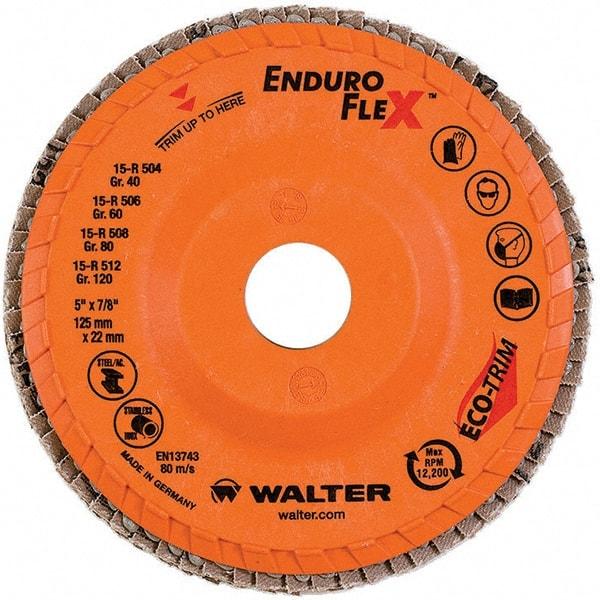 WALTER Surface Technologies - 120 Grit, 5" Disc Diam, 7/8" Center Hole, Type 29 Zirconia Alumina Flap Disc - 12,200 Max RPM, Plastic Backing, Arbor Attaching System, Coated - Caliber Tooling