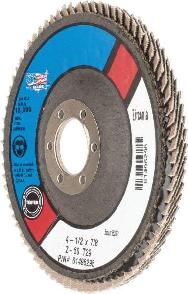 Camel Grinding Wheels - 60 Grit, 4-1/2" Disc Diam, 7/8" Center Hole, Type 29 Zirconia Alumina Flap Disc - Poly Cotton Backing, Arbor Attaching System, Coated - Caliber Tooling