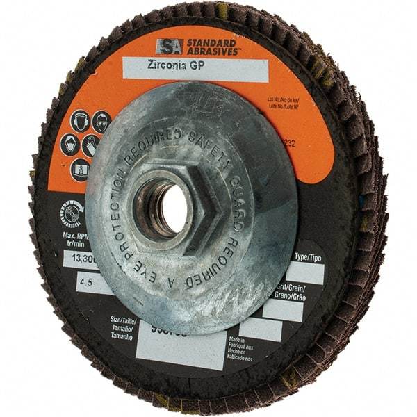 Camel Grinding Wheels - 40 Grit, 4-1/2" Disc Diam, 5/8-11 Center Hole, Type 29 Zirconia Alumina Flap Disc - Arbor Attaching System, Coated - Caliber Tooling