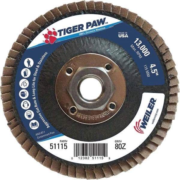 Weiler - 80 Grit, 4-1/2" Disc Diam, 5/8-11 Center Hole, Type 27 Zirconia Alumina Flap Disc - 13,000 Max RPM, Phenolic Backing, Arbor Attaching System, Coated - Caliber Tooling