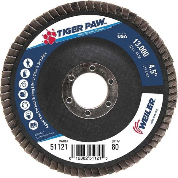 Weiler - 80 Grit, 4-1/2" Disc Diam, 7/8" Center Hole, Type 29 Zirconia Alumina Flap Disc - 13,000 Max RPM, Phenolic Backing, Arbor Attaching System, Coated - Caliber Tooling