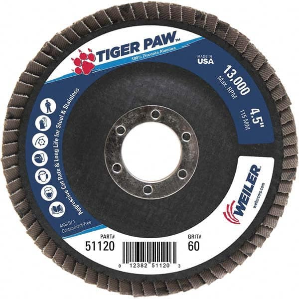 Weiler - 60 Grit, 4-1/2" Disc Diam, 7/8" Center Hole, Type 29 Zirconia Alumina Flap Disc - 13,000 Max RPM, Phenolic Backing, Arbor Attaching System, Coated - Caliber Tooling