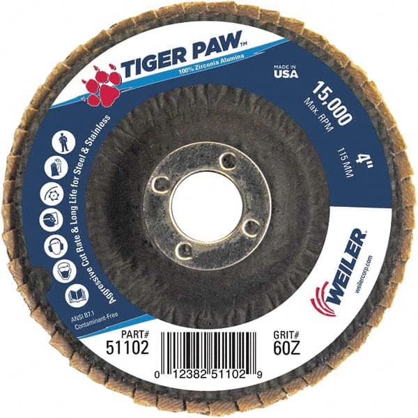 Weiler - 60 Grit, 4" Disc Diam, 5/8" Center Hole, Type 27 Zirconia Alumina Flap Disc - 15,000 Max RPM, Phenolic Backing, Arbor Attaching System, Coated - Caliber Tooling