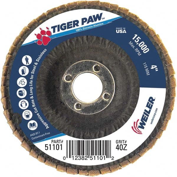 Weiler - 40 Grit, 4" Disc Diam, 5/8" Center Hole, Type 27 Zirconia Alumina Flap Disc - 15,000 Max RPM, Phenolic Backing, Arbor Attaching System, Coated - Caliber Tooling