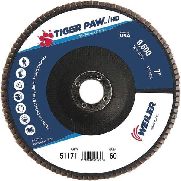 Weiler - 60 Grit, 7" Disc Diam, 7/8" Center Hole, Type 27 Zirconia Alumina Flap Disc - 8,600 Max RPM, Phenolic Backing, Arbor Attaching System, Coated - Caliber Tooling