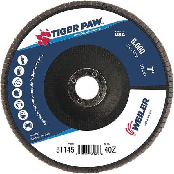 Weiler - 40 Grit, 7" Disc Diam, 7/8" Center Hole, Type 29 Zirconia Alumina Flap Disc - 8,600 Max RPM, Phenolic Backing, Arbor Attaching System, Coated - Caliber Tooling