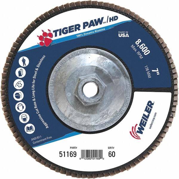 Weiler - 60 Grit, 7" Disc Diam, 5/8-11 Center Hole, Type 27 Zirconia Alumina Flap Disc - 8,600 Max RPM, Phenolic Backing, Arbor Attaching System, Coated - Caliber Tooling