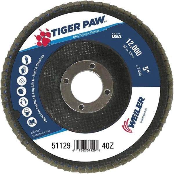 Weiler - 40 Grit, 5" Disc Diam, 7/8" Center Hole, Type 27 Zirconia Alumina Flap Disc - 12,000 Max RPM, Phenolic Backing, Arbor Attaching System, Coated - Caliber Tooling