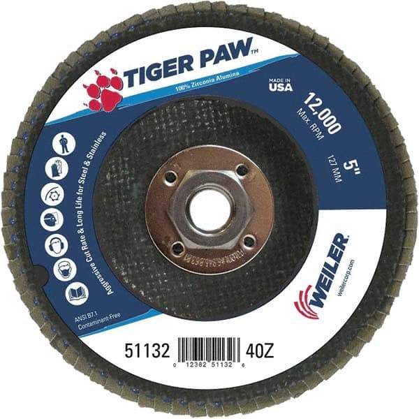 Weiler - 40 Grit, 5" Disc Diam, 5/8-11 Center Hole, Type 27 Zirconia Alumina Flap Disc - 12,000 Max RPM, Phenolic Backing, Arbor Attaching System, Coated - Caliber Tooling