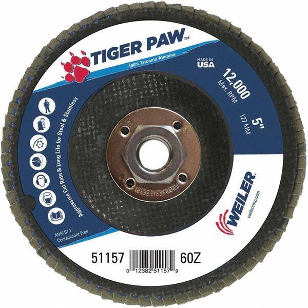 Weiler - 60 Grit, 5" Disc Diam, 5/8-11 Center Hole, Type 29 Zirconia Alumina Flap Disc - 12,000 Max RPM, Phenolic Backing, Arbor Attaching System, Coated - Caliber Tooling