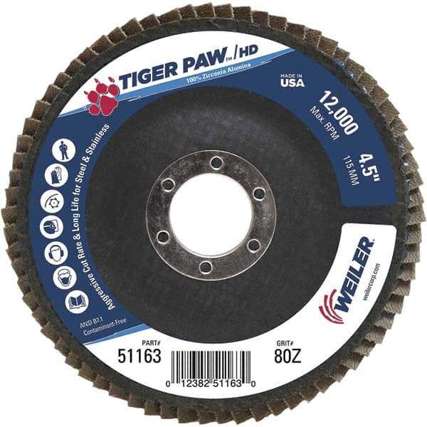 Weiler - 80 Grit, 4-1/2" Disc Diam, 7/8" Center Hole, Type 27 Zirconia Alumina Flap Disc - 12,000 Max RPM, Phenolic Backing, Arbor Attaching System, Coated - Caliber Tooling