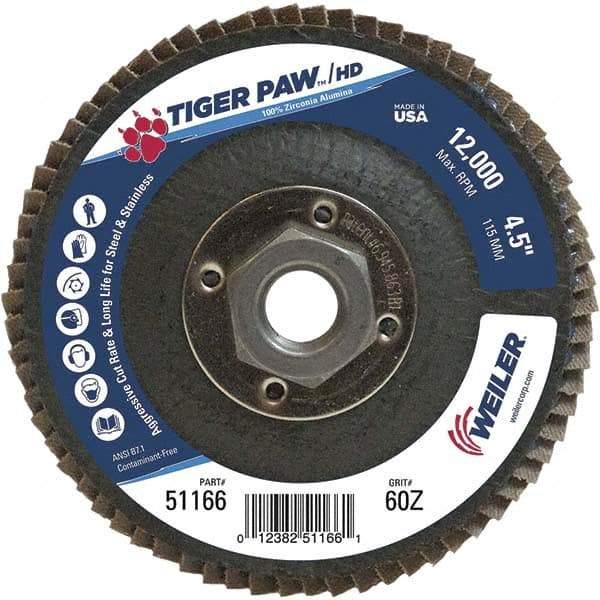 Weiler - 60 Grit, 4-1/2" Disc Diam, 5/8-11 Center Hole, Type 27 Zirconia Alumina Flap Disc - 12,000 Max RPM, Phenolic Backing, Arbor Attaching System, Coated - Caliber Tooling