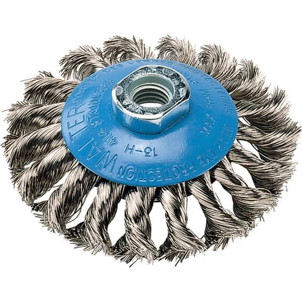 WALTER Surface Technologies - 4" Diam, 5/8-11 Threaded Arbor, Stainless Steel Fill Cup Brush - 0.015 Wire Diam, 20,000 Max RPM - Caliber Tooling