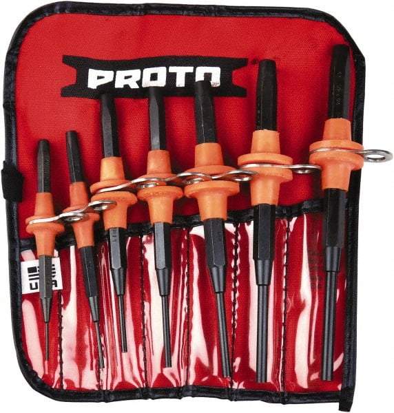 Proto - 7 Piece, 1/16 to 1/4", Tethered Pin Punch Set - Straight Shank, Comes in Nylon Roll - Caliber Tooling