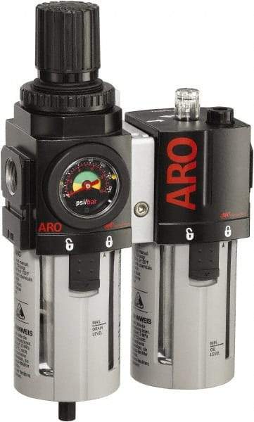 ARO/Ingersoll-Rand - 3/8" NPT Port Standard 2 Piece Filter/Regulator-Lubricator FRL Unit - Polycarbonate Bowl, 96 SCFM, 150 Max psi, 9.95" High x 5.724" Long, Manual Drain - Caliber Tooling