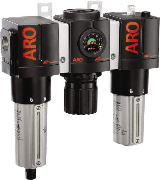 ARO/Ingersoll-Rand - 1" NPT Port Heavy Duty 3 Piece Filter-Regulator-Lubricator FRL Unit - Metal Bowl, 215 SCFM, 250 Max psi, 10.75" High x 11.102" Long, Automatic Drain - Caliber Tooling