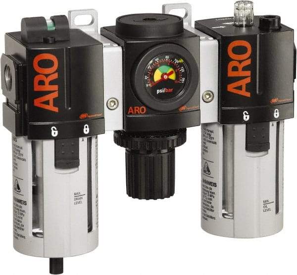 ARO/Ingersoll-Rand - 1/2" NPT Port Standard 3 Piece Filter-Regulator-Lubricator FRL Unit - Polycarbonate Bowl, 150 SCFM, 150 Max psi, 7.7" High x 8.693" Long, Automatic Drain - Caliber Tooling