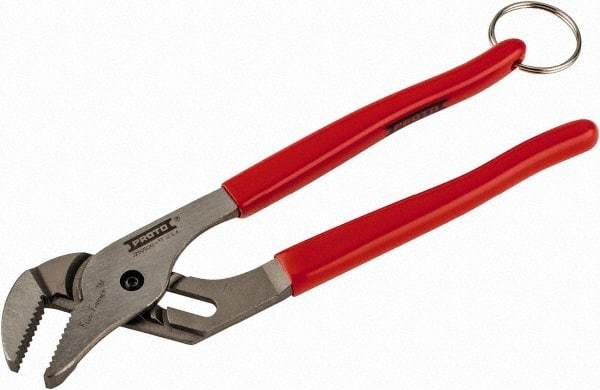 Proto - 10" OAL, 1-19/32" Jaw Width, 6 Position Tethered Tongue & Groove Pliers - V-Jaws, Vinyl Handles - Caliber Tooling