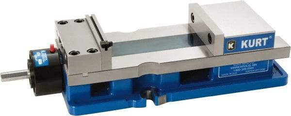 Kurt - 6" Jaw Width, 9" Jaw Opening Capacity, Horizontal Stationary Machine Vise - Reverse Hydraulic Operation, 1 Station, 20.553" Long x 4.86" High x 1-47/64" Deep, 1.735" Jaw Height, 5,250 Lb Max Clamp Force, Ductile Iron - Caliber Tooling