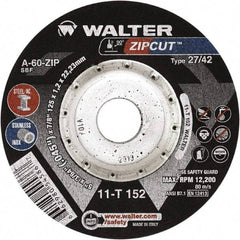 WALTER Surface Technologies - 60 Grit, 4-1/2" Wheel Diam, 3/64" Wheel Thickness, 7/8" Arbor Hole, Type 27 Depressed Center Wheel - Aluminum Oxide, Resinoid Bond, 13,300 Max RPM, Compatible with Angle Grinder - Caliber Tooling